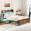 imageGiantex Queen Size Bed Frame with Storage Headboard Metal Platform Bed wLED Light ampamp Charging Station Linen Upholstered Headboard Heavy Duty Slat Support No Box Spring Needed NoiseFreeRustic Brownblack