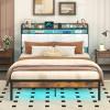 imageGiantex Queen Size Bed Frame with Storage Headboard Metal Platform Bed wLED Light ampamp Charging Station Linen Upholstered Headboard Heavy Duty Slat Support No Box Spring Needed NoiseFreeRustic Brownblackgrey