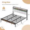 imageGiantex Queen Size Bed Frame with Storage Headboard Metal Platform Bed wLED Light ampamp Charging Station Linen Upholstered Headboard Heavy Duty Slat Support No Box Spring Needed NoiseFreeRustic Brownblackgrey