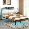 imageGiantex Queen Size Bed Frame with Storage Headboard Metal Platform Bed wLED Light ampamp Charging Station Linen Upholstered Headboard Heavy Duty Slat Support No Box Spring Needed NoiseFreeRustic Brownblackgrey