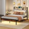 imageGiantex Queen Size Bed Frame with Storage Headboard Metal Platform Bed wLED Light ampamp Charging Station Linen Upholstered Headboard Heavy Duty Slat Support No Box Spring Needed NoiseFreeRustic Brownblackgrey