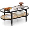 imageGiantex Rattan Coffee Table 2Tier Oval Wood Tea Table with Tempered Glass Tabletop ampamp PE Rattan Storage Shelf 40quot Boho Cocktail Tables Mid Century Modern Center Table for Living Room Office BlackBlack