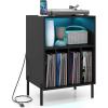 imageGiantex Record Player Stand with Charging Station Turntable Stand with Storage Cabinet Record Player Shelf with Metal Legs Vinyl Record Storage up to 150 Albums for Living Room Bedroom BlackBlack