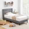imageGiantex Twin Bed Frames with Wingback Headboard Modern Linen Upholstered Platform Bed with Wooden Slats Support No Box Spring Needed Twin Bed Frames for Kids GreyHorizontal Channel Tufting