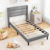 imageGiantex Twin Bed Frames with Wingback Headboard Modern Linen Upholstered Platform Bed with Wooden Slats Support No Box Spring Needed Twin Bed Frames for Kids GreyHorizontal Channel Tufting