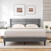 imageGiantex Twin Bed Frames with Wingback Headboard Modern Linen Upholstered Platform Bed with Wooden Slats Support No Box Spring Needed Twin Bed Frames for Kids GreyHorizontal Channel Tufting