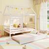 imageGiantex Twin House Bed with Trundle Bed Twin Wooden Twin Bed Frames with Roof Chimney ampamp Window Montessori House Bed with Safety Guardrails House Trundle Bed for Kids Boys Girls Teens WhiteWhite