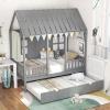 imageGiantex Twin House Bed with Trundle Kids Bed Frame with 82quot Tall Roof Windows and Guardrail Wooden Playhouse Bed for Teens Boys Girls Bedroom No Box Spring Needed Free to Decorate Grey