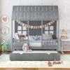 imageGiantex Twin House Bed with Trundle Kids Bed Frame with 82quot Tall Roof Windows and Guardrail Wooden Playhouse Bed for Teens Boys Girls Bedroom No Box Spring Needed Free to Decorate Grey