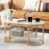 imageGiantex White Marble Coffee Table  Modern 2Tier Center Table wOpen Storage Shelf Oval Accent Table wFaux Marble Veneer ampamp Gold Finished Metal Frame for Living Room Bedroom