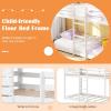 imageGiantex Wood Bunk Bed Twin Over Twin House Bed Frame with Ladder and Guardrail Floor Bunk Bed with Wood Slats for Kids Girls Boys Dormitory and Bedroom No Box Spring Needed White