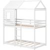 imageGiantex Wood Bunk Bed Twin Over Twin House Bed Frame with Ladder and Guardrail Floor Bunk Bed with Wood Slats for Kids Girls Boys Dormitory and Bedroom No Box Spring Needed White