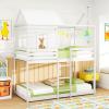 imageGiantex Wood Bunk Bed Twin Over Twin House Bed Frame with Ladder and Guardrail Floor Bunk Bed with Wood Slats for Kids Girls Boys Dormitory and Bedroom No Box Spring Needed White