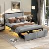 imageGiantex Queen Bed Frame with LED Lights and 2 Storage Drawers Upholstered LED Platform Bed with Linen Fabric Headboard Metal Slats Support No Box Spring Needed Light up Bed Frame GreyFull