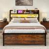 imageGiantex Queen Size Bed Frame with Storage Headboard Metal Platform Bed wLED Light ampamp Charging Station Linen Upholstered Headboard Heavy Duty Slat Support No Box Spring Needed NoiseFreeRustic Brownblack