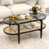 imageGiantex Rattan Coffee Table 2Tier Oval Wood Tea Table with Tempered Glass Tabletop ampamp PE Rattan Storage Shelf 40quot Boho Cocktail Tables Mid Century Modern Center Table for Living Room Office BlackBlack