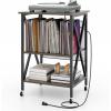 imageGiantex Record Player Stand with Charging Station Turntable Stand with Record Storage ampamp 4 Rolling Wheels Vinyl Record Storage Table up to 250 Albums for Living Room Bedroom Grey OakGrey Oak