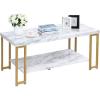 imageGiantex Rectangular Coffee Table 2Tier Center Table WFaux Marble Tabletop Morden Accent Table WGold Print Metal Frame ampamp Hollow Metal Legs Suitable for Living Room Bedroom
