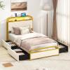 imageGiantex Twin Bed Frame with 4 Storage Drawers and Charging Station Metal Twin Size Platform Bed wLED Lights ampamp Velvet Upholstered Headboard No Box Spring Needed Twin Storage Bed Gold ampamp Beige
