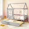 imageGiantex Twin House Bed with Trundle Bed Twin Wooden Twin Bed Frames with Roof Chimney ampamp Window Montessori House Bed with Safety Guardrails House Trundle Bed for Kids Boys Girls Teens WhiteGrey