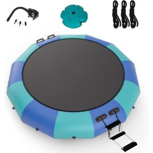imageGiantex 10Ft 12Ft 15Ft Inflatable Water Trampoline Floating Rebounder Trampoline with 500W Blower and 3Step Rope Ladder Kids Adults Recreational Water Trampoline for Pool LakeBlue Green