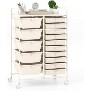 imageGiantex 15 Drawers Rolling Cart Classroom Organizers Storage Cart with Wheels for Teacher Office Home School Supplies Tool Craft Art Paper Green GradientIvory