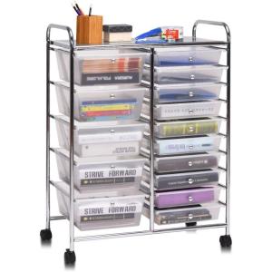 imageGiantex 15 Drawers Rolling Cart Classroom Organizers Storage Cart with Wheels for Teacher Office Home School Supplies Tool Craft Art Paper Green GradientClear