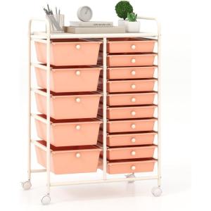 imageGiantex 15 Drawers Rolling Cart Classroom Organizers Storage Cart with Wheels for Teacher Office Home School Supplies Tool Craft Art Paper Green GradientPeach Fuzz