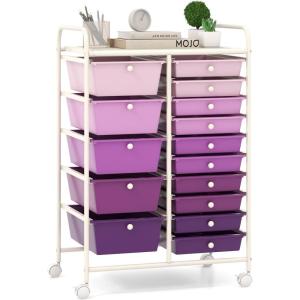 imageGiantex 15 Drawers Rolling Cart Classroom Organizers Storage Cart with Wheels for Teacher Office Home School Supplies Tool Craft Art Paper Green GradientPurple Gradient