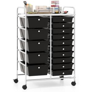 imageGiantex 15 Drawers Rolling Cart Classroom Organizers Storage Cart with Wheels for Teacher Office Home School Supplies Tool Craft Art Paper Green GradientBlack
