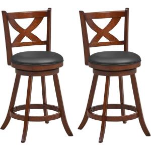 imageGiantex 24 Bar Stools Set of 2 360 Swivel Counter Height Stools with Back Solid Rubber Wood Frame Leather Padded Seat Vintage Upholstered Armless Farmhouse Barstools for Kitchen Island Home Bar1