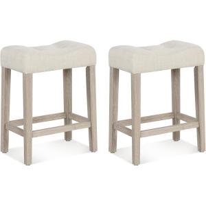 imageGiantex 24quot Bar Stools Set of 4 Upholstered Counter Height Saddle Bar Stools with Footrest and Wood Legs Farmhouse Button Tufted Backless Barstools for Kitchen Island Dining Room Cafe BeigeBeige