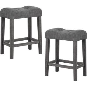 imageGiantex 24quot Bar Stools Set of 4 Upholstered Counter Height Saddle Bar Stools with Footrest and Wood Legs Farmhouse Button Tufted Backless Barstools for Kitchen Island Dining Room Cafe BeigeGrey