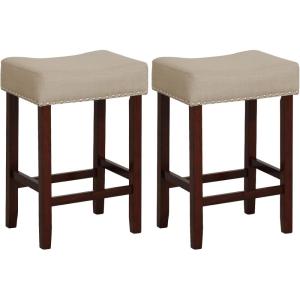 imageGiantex 25quot Counter Height Bar Stools Set of 2  Backless Saddle Barstools with Nailhead Linen Foam Seat Max Load 330 Lbs Wood Bar Stools with Foot Rest for Kitchen Island KhakiKhaki