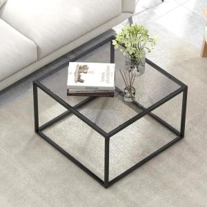 imageGiantex 275quot Square Coffee Table  Tempered Glass Center Table wBottom Storage Shelf ampamp Metal Frame Modern Accent Table for Small Space Living Room Home Office 2Tier TransparentGrey