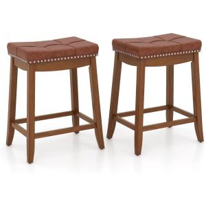 imageGiantex Bar Stools Set of 2 25quot Counter Height Bar Stools wSaddle Seat Footrest Rivet Button Tufted Rubber Wood Frame Upholstered PU Leather Backless Barstools for Kitchen Dining Room Pub1