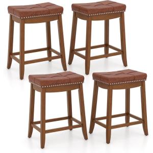 imageGiantex Bar Stools Set of 2 25quot Counter Height Bar Stools wSaddle Seat Footrest Rivet Button Tufted Rubber Wood Frame Upholstered PU Leather Backless Barstools for Kitchen Dining Room Pub2