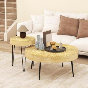 imageGiantex Boho Round Coffee Table Set of 2 Sofa Side Nesting Table with Solid Pine Wood Top Metal Legs ampamp Adjustable Foot Pads 315quot D Large Table Set for Living Room Radial Pattern NaturalNatural