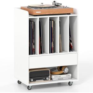 imageGiantex Record Player Stand Rolling Turntable Stand with Drawer Hook ampamp Lockable Wheels Vinyl Record Display Shelf Holds Up to 180 Albums for Living Room Bedroom BrownWhite