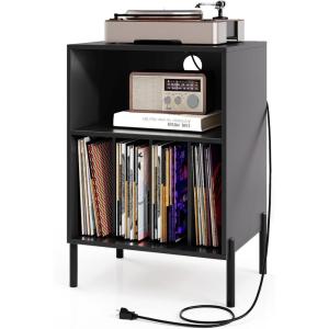imageGiantex Record Player Stand with Charging Station Turntable Stand with Storage Cabinet Record Player Shelf with Metal Legs Vinyl Record Storage up to 150 Albums for Living Room Bedroom BlackBlack