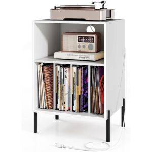 imageGiantex Record Player Stand with Charging Station Turntable Stand with Storage Cabinet Record Player Shelf with Metal Legs Vinyl Record Storage up to 150 Albums for Living Room Bedroom BlackWhite