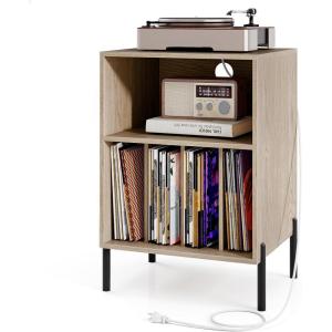 imageGiantex Record Player Stand with Charging Station Turntable Stand with Storage Cabinet Record Player Shelf with Metal Legs Vinyl Record Storage up to 150 Albums for Living Room Bedroom BlackOak