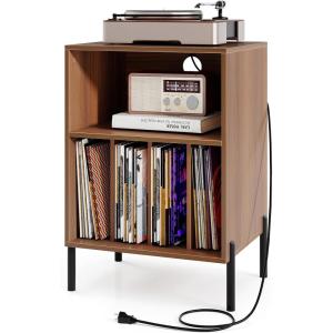 imageGiantex Record Player Stand with Charging Station Turntable Stand with Storage Cabinet Record Player Shelf with Metal Legs Vinyl Record Storage up to 150 Albums for Living Room Bedroom BlackWalnut