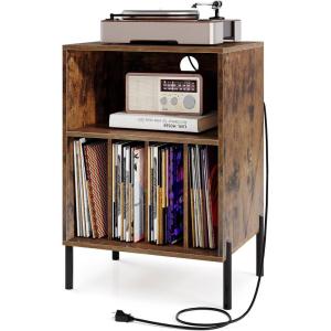 imageGiantex Record Player Stand with Charging Station Turntable Stand with Storage Cabinet Record Player Shelf with Metal Legs Vinyl Record Storage up to 150 Albums for Living Room Bedroom BlackRustic Brown