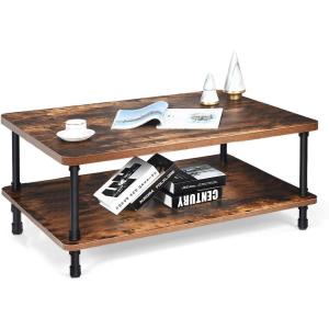 imageGiantex Retro Coffee Table WThick Tabletop Industrial Steel Pipe Legs ampamp 2Tier Storage Shelf Accent Table for Living Room Reception Room Easy Assembly Center Table Rustic BrownRustic Brown