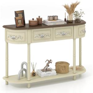 imageGiantex Retro Console Table with Drawers 52quot Long Narrow Sofa Table wOpen Shelf HalfMoon Entryway Table with Storage Solid Wood Legs Vintage Entry Table for Living Room Hallway Beige