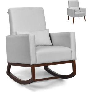 imageGiantex Rocking Chair Fabric High Back Armchair with Waist PillowWooden Tapered ampamp Rocking Dual Legs Multifunctional Upholstered Accent Chair for Nursery Living Room Bedroom Rocker1 BeigeSliver