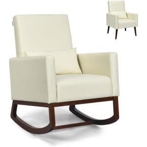 imageGiantex Rocking Chair Fabric High Back Armchair with Waist PillowWooden Tapered ampamp Rocking Dual Legs Multifunctional Upholstered Accent Chair for Nursery Living Room Bedroom Rocker1 BeigeBeige