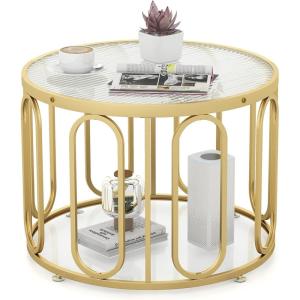 imageGiantex Round Glass Coffee Table 2Tier Modern Side Sofa Tea Table with Tempered Glass Top ampamp Oval Swivel Brackets 24quot Circle Cocktail Tables Accent Center Table for Living Room Office GoldGold