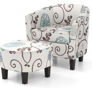 imageGiantex Small Accent Chair with Ottoman Set Upholstered Barrel Chair with Footrest Modern Accent Armchair with Ottoman Round Club Chair for Living Room Small Space Bedroom Blue FlowerBlue Flower